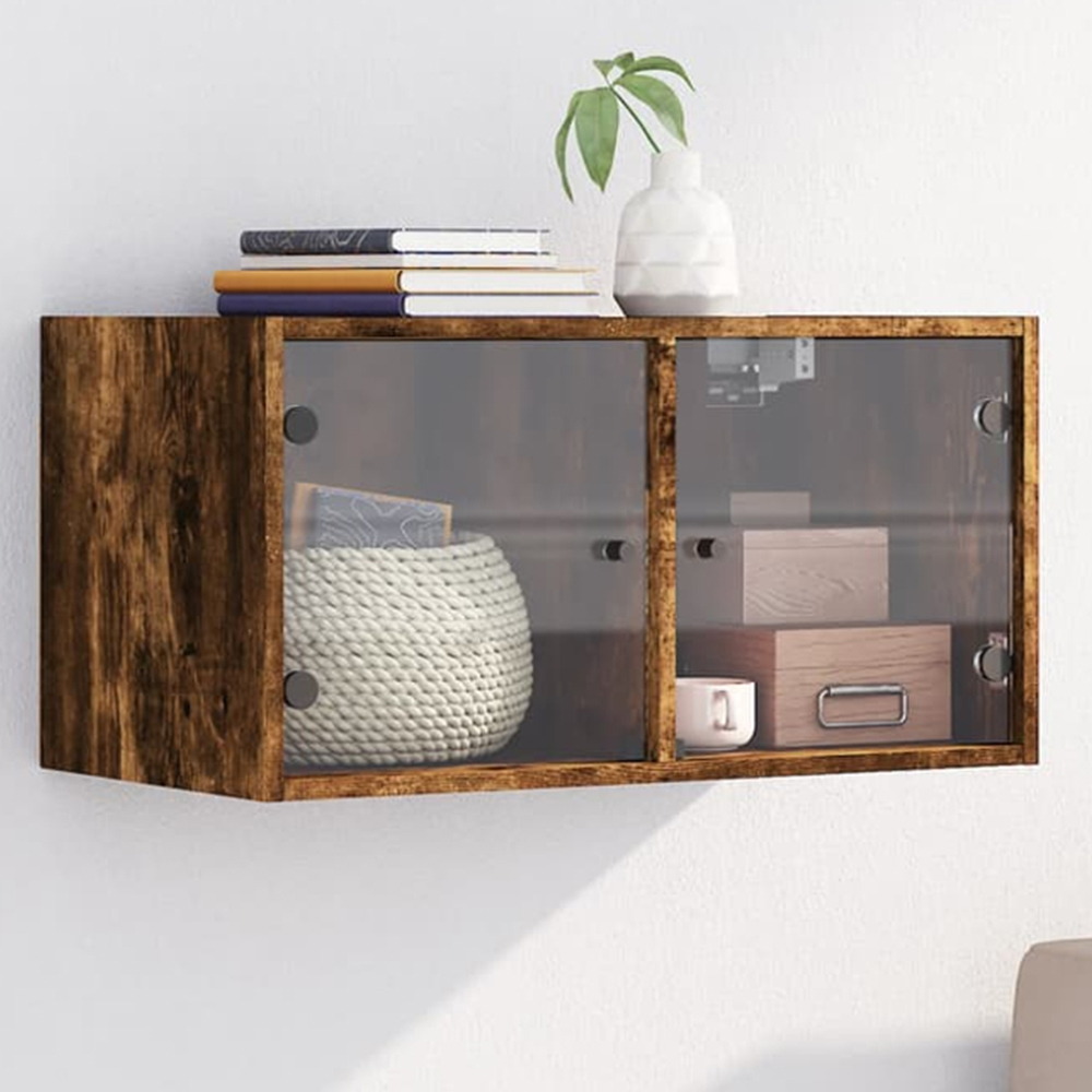 vidaXL 2 Door Smoked Oak Glass Wall Cabinet Image 1