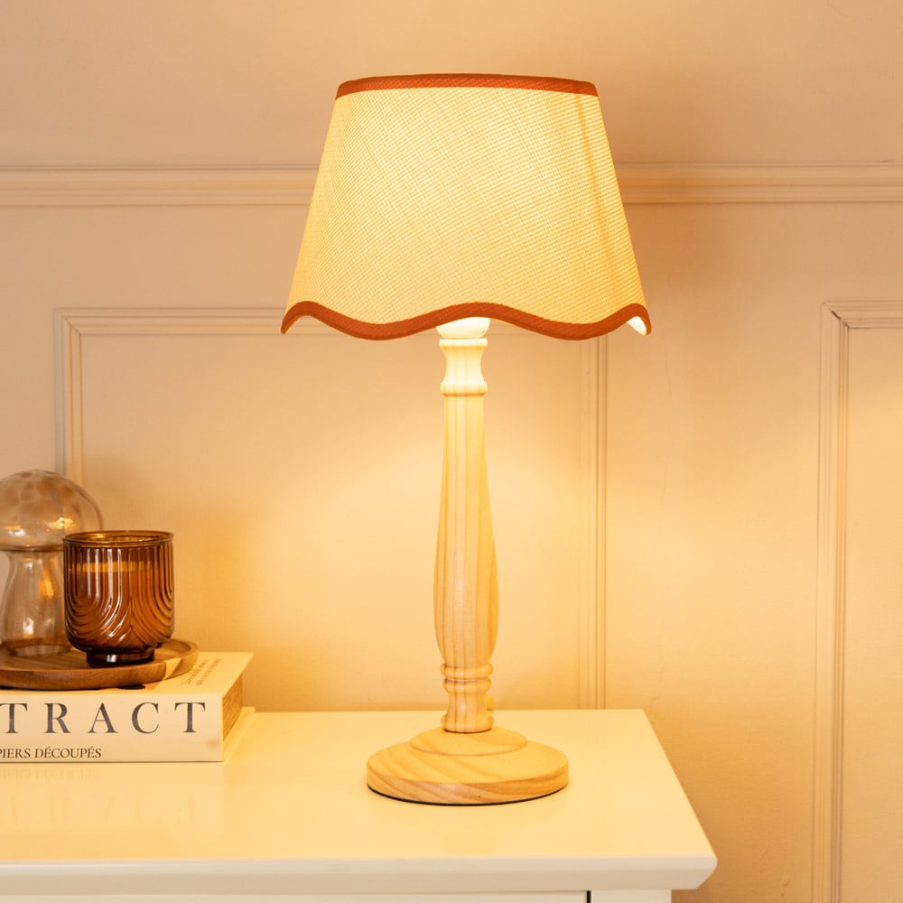 ValueLights Victoria Linen Scallop Rust Edge Shade Light Wood Table Lamp Image 2