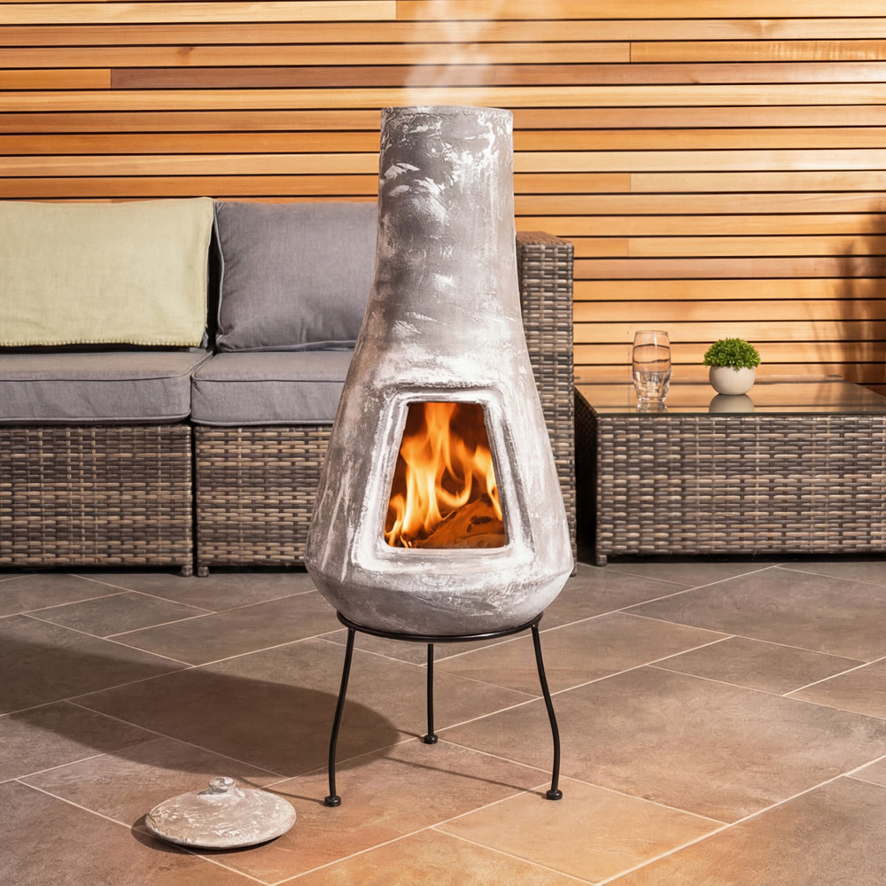 Snug Barcelona Grey Slender Design Medium Clay Chiminea with Lid and Iron Stand Image 2