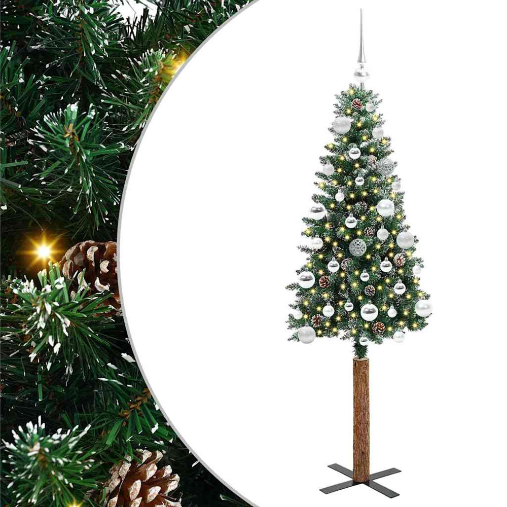 vidaXL Green Snow Flocked Artificial Christmas Tree with Pinecones LEDs Silver Ornaments 5ft Image 2