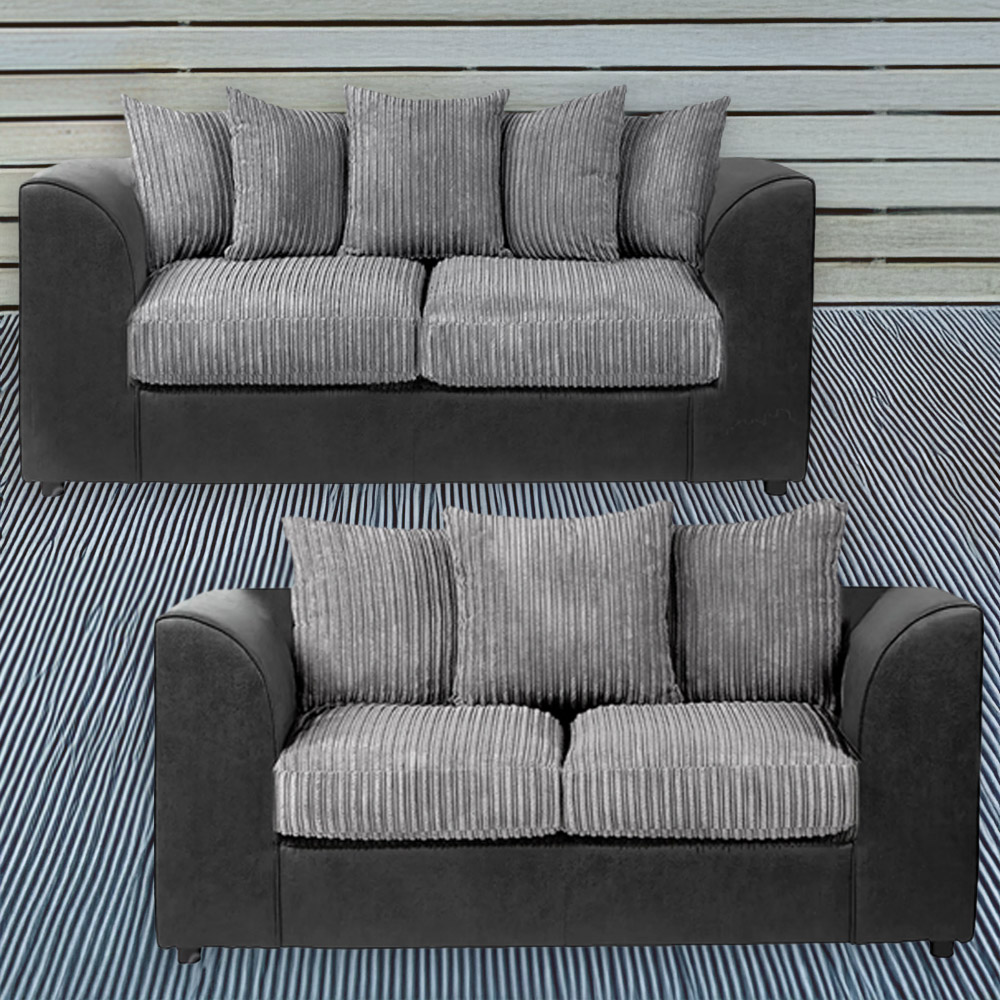 Luxor 5 Seater Black and Grey Jumbo Cord Scatter Back Sofa Set Image 1