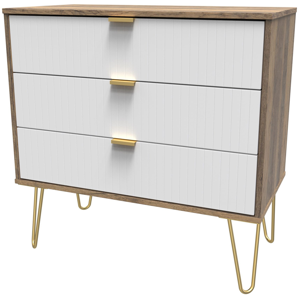 Crowndale 3 Drawer White Matt and Vintage Oak Wide Chest of Drawers Ready Assembled Image 2