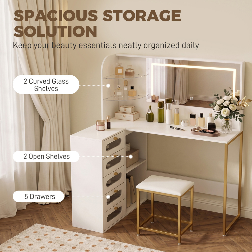 HOMCOM 5 Drawer 4 Shelf White Dressing Table with LED Mirror and Stool Image 5
