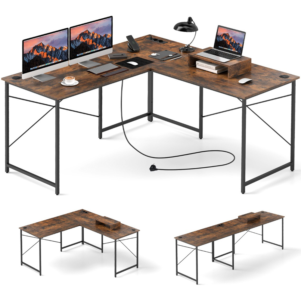 Costway L Shaped Computer Desk with Power Strip Brown Image 2