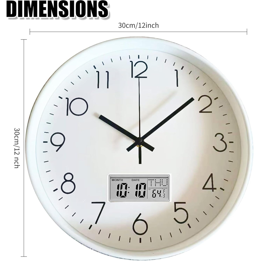 ATEK White Silver Silent Digital Wall Clock with Date Day and Temperature Display 30cm Image 7