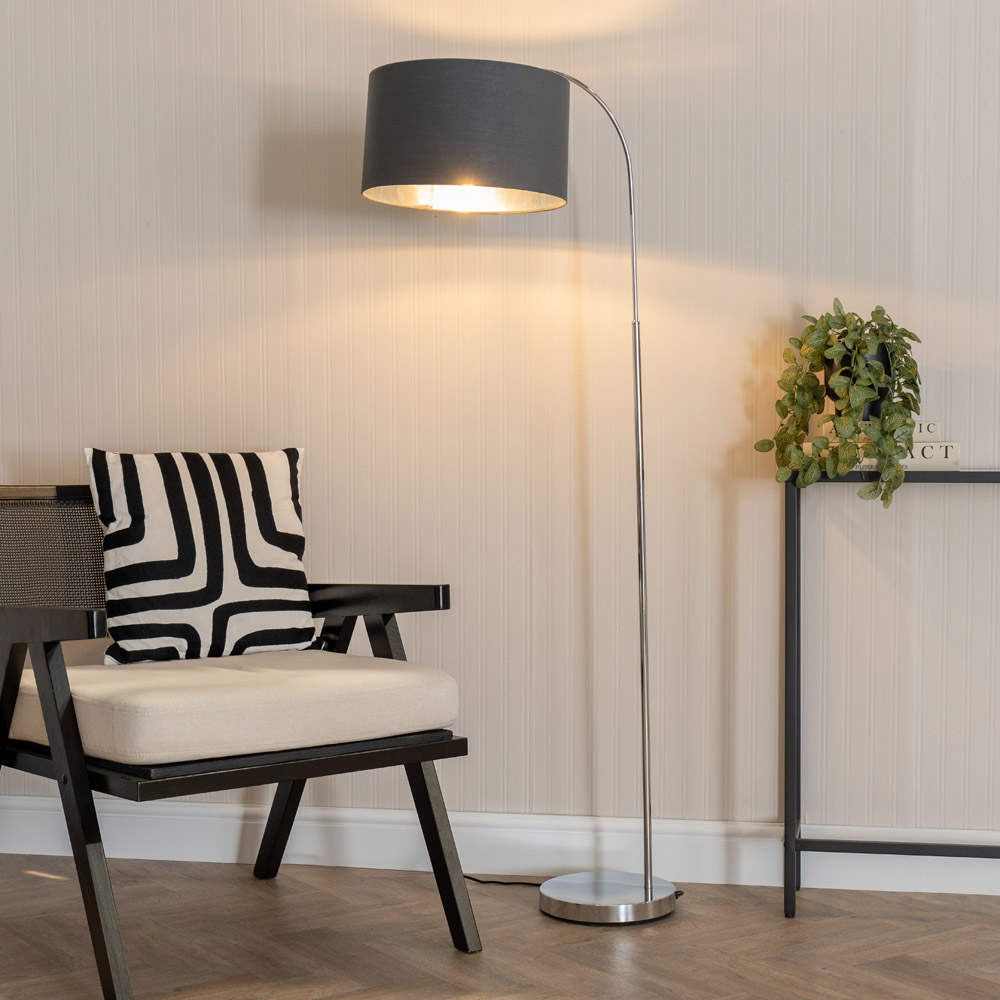 ValueLights Curva Charcoal Drum Shade Chrome Arched Floor Lamp Image 3