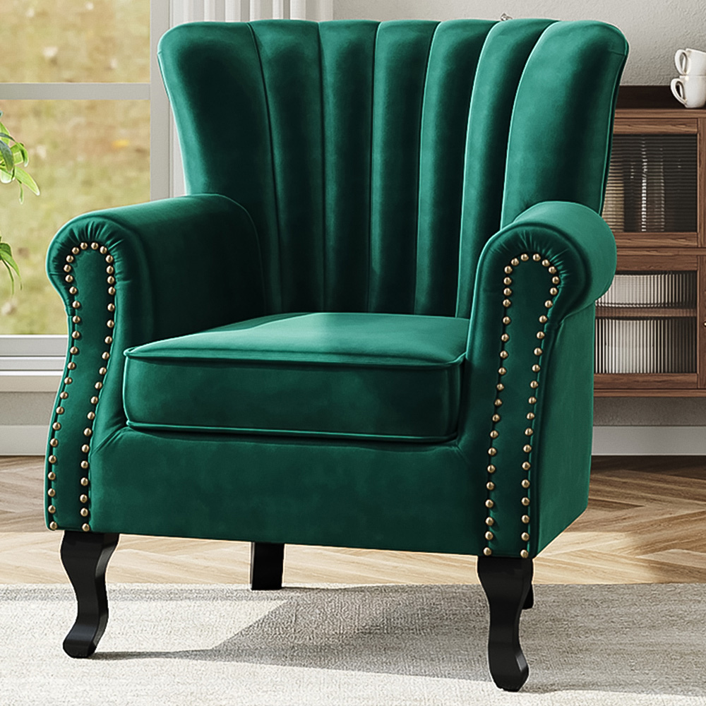 Living and Home Vintage Green Velvet Wingback Armchair with Studs Image 1