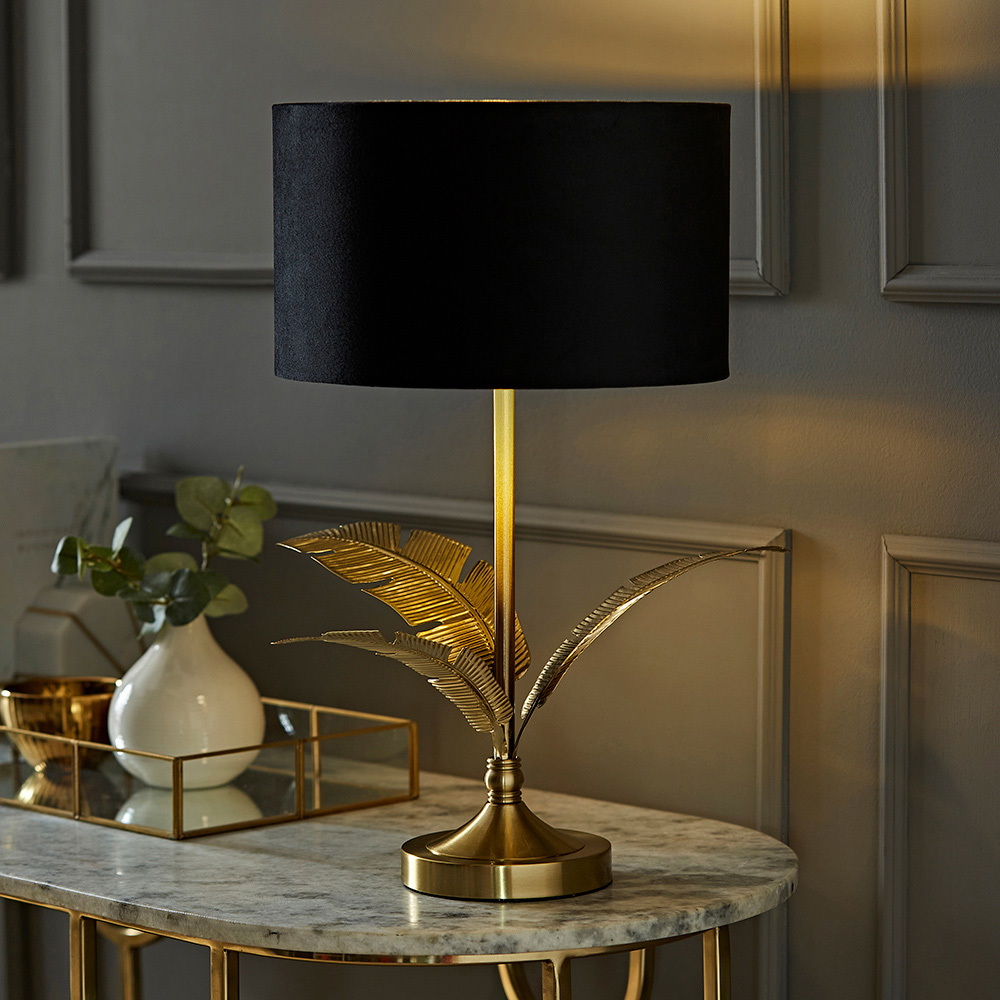ValueLights Christina Black Velvet and Gold Palm Leaf Table Lamp with Bulb Image 6