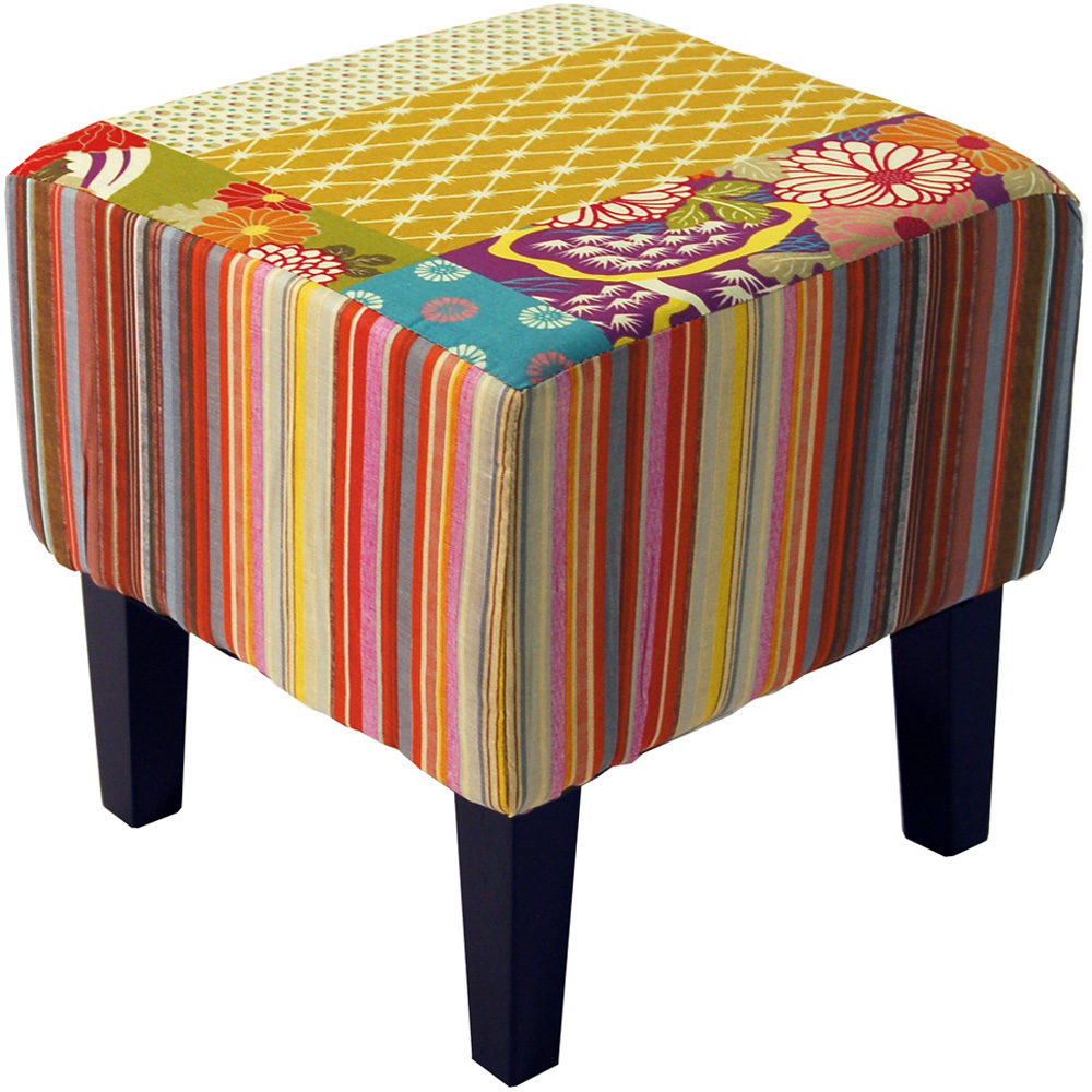 Watsons Patchwork Multicoloured Pouffe Padded Stool with Wood Legs Image 2