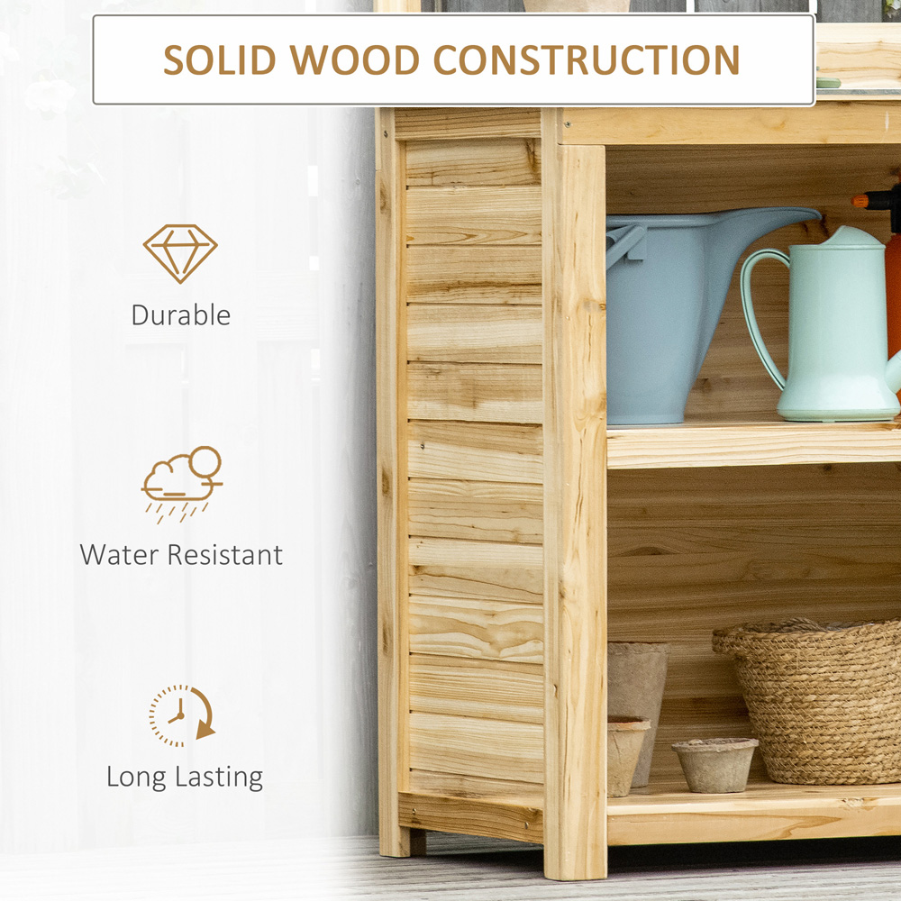 Outsunny Natural Wooden Potting Workstation Bench with Hooks Image 7