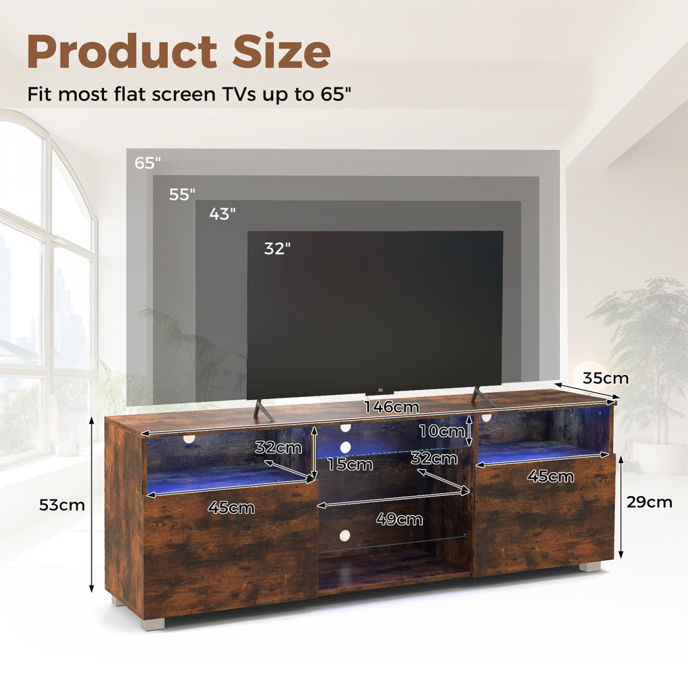Costway 2 Door 6 Shelf Rustic Brown TV Unit with LED Image 9