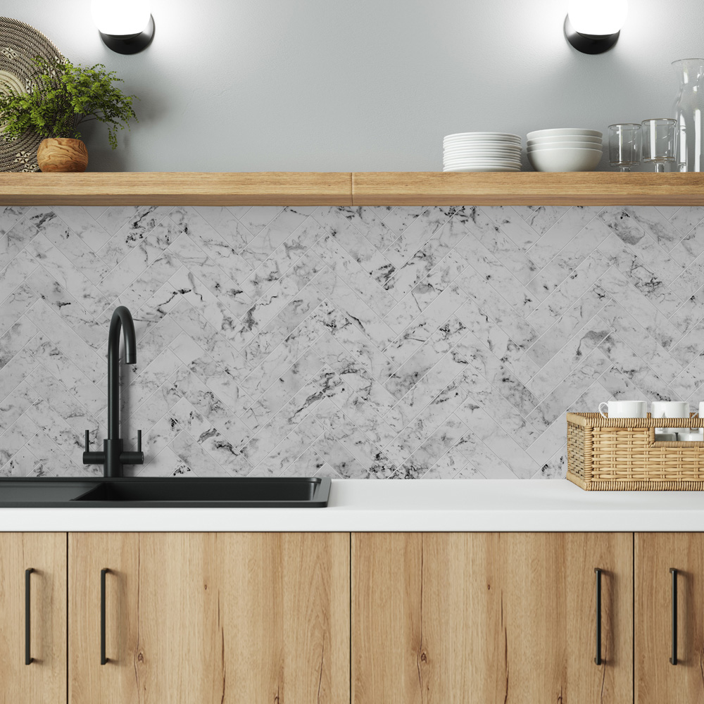 Alloy Carrara Marble Herringbone Kitchen Splashback 3000 x 750 x 4mm Image 5