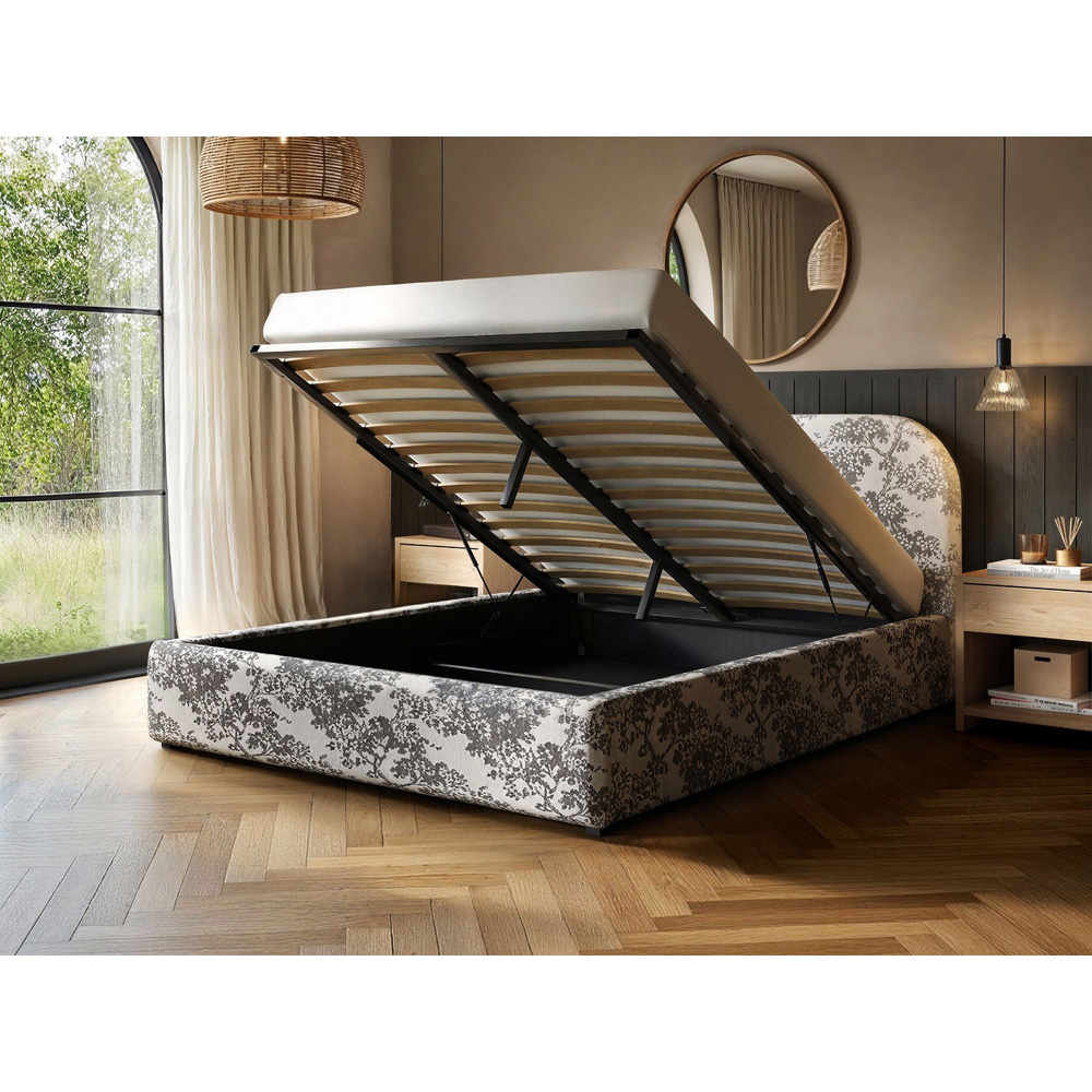 Flair Alba King Size Beige Tree Print Chenille Lift-Up Ottoman Bed Image 3