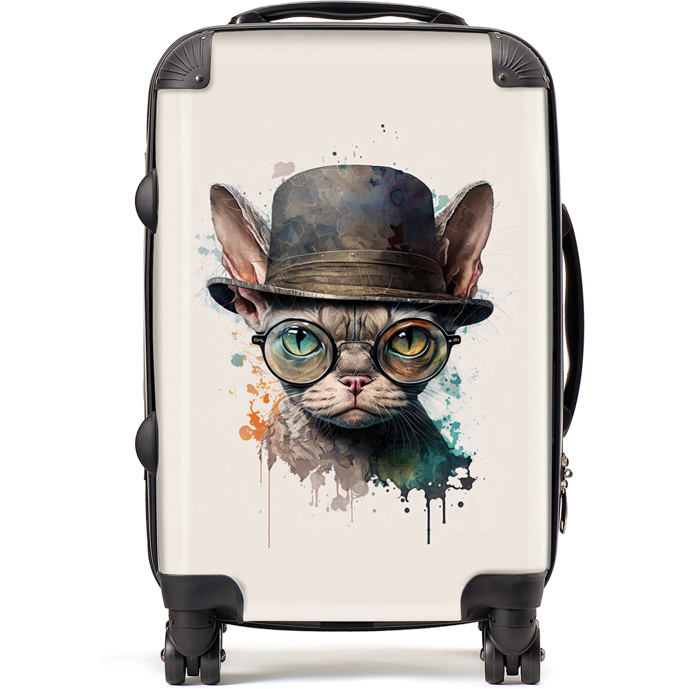 Warren Reed Designer Cabin Splashart Devon Rex Cat with Glasses Suitcase Image 1