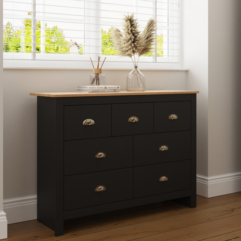 GFW Lancaster 7 Drawer Black Merchants Chest of Drawers with Oak Effect Top Image 6