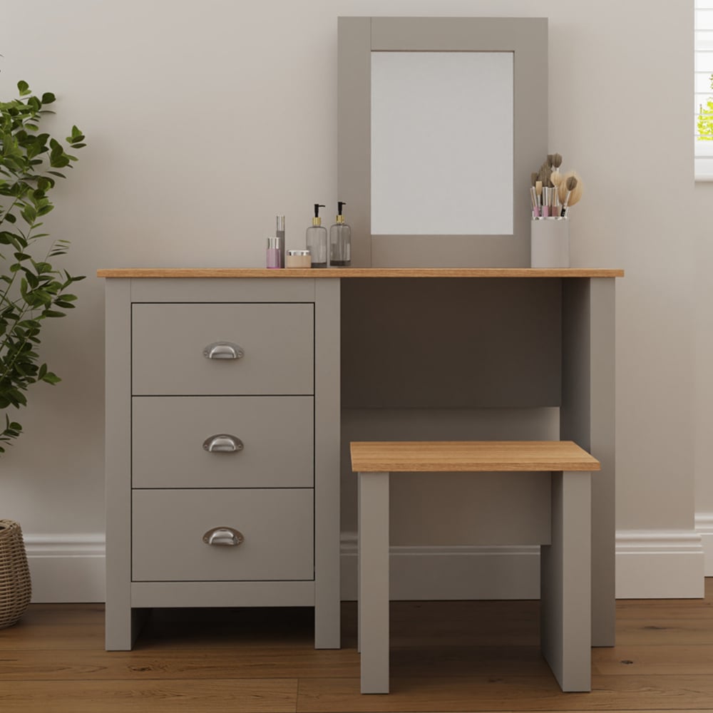 GFW Lancaster 3 Drawer Grey Dressing Table Set with Mirror Image 1