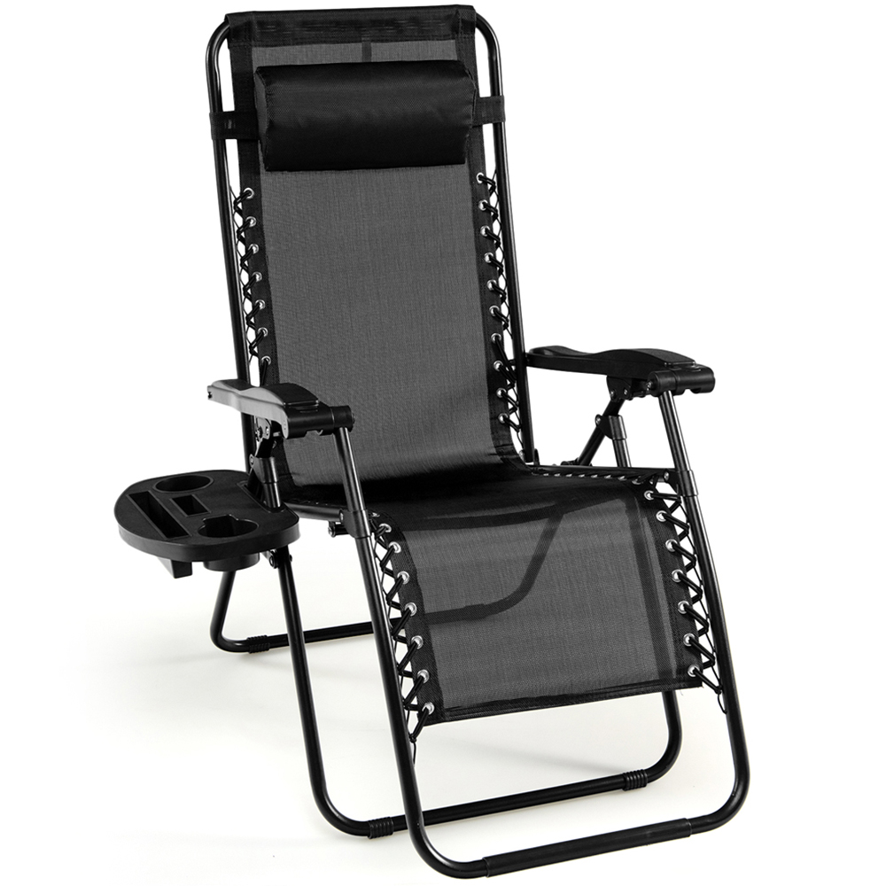 Costway Black Folding Patio Recliner with Removable Headrest and Cup Holder Image 2