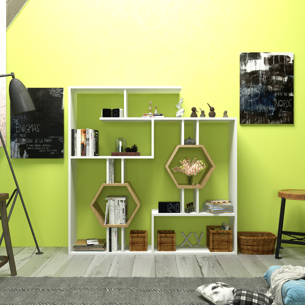 Decorotika Tamara White and Oak Geometric Unique Bookshelf Image 3