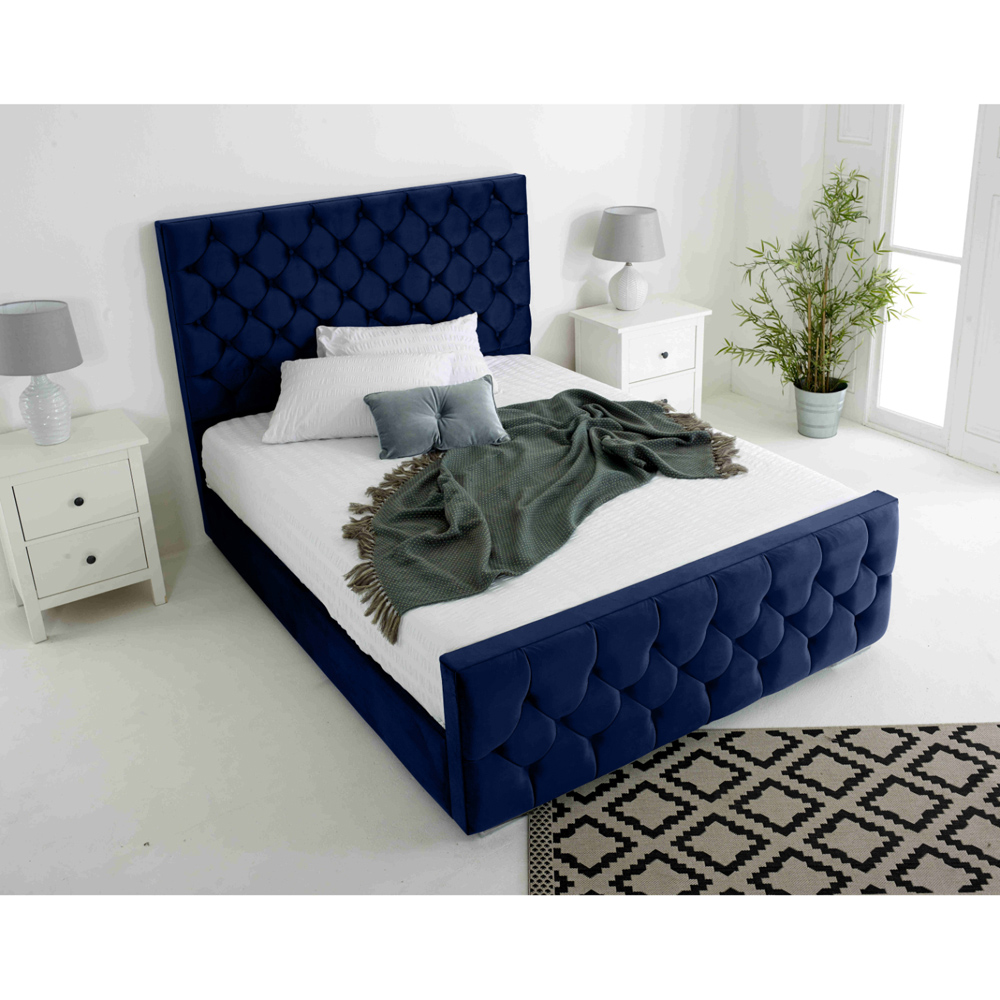 Eleganza Maya King Size Blue Plush Velvet Bed Frame with Chesterfield Headboard Image 3