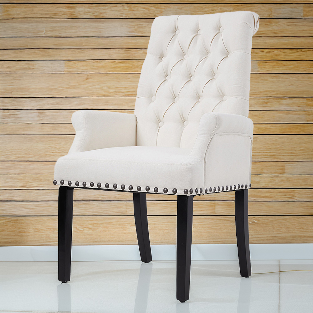 Living and Home Beige White Vintage Nailhead Tufted Dining Chair Image 1