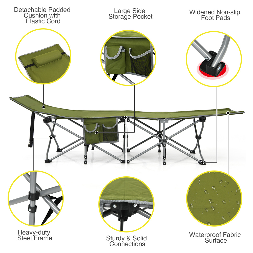 Costway Green Folding Camping Cot with Detachable Headrest and Side Pocket Image 6