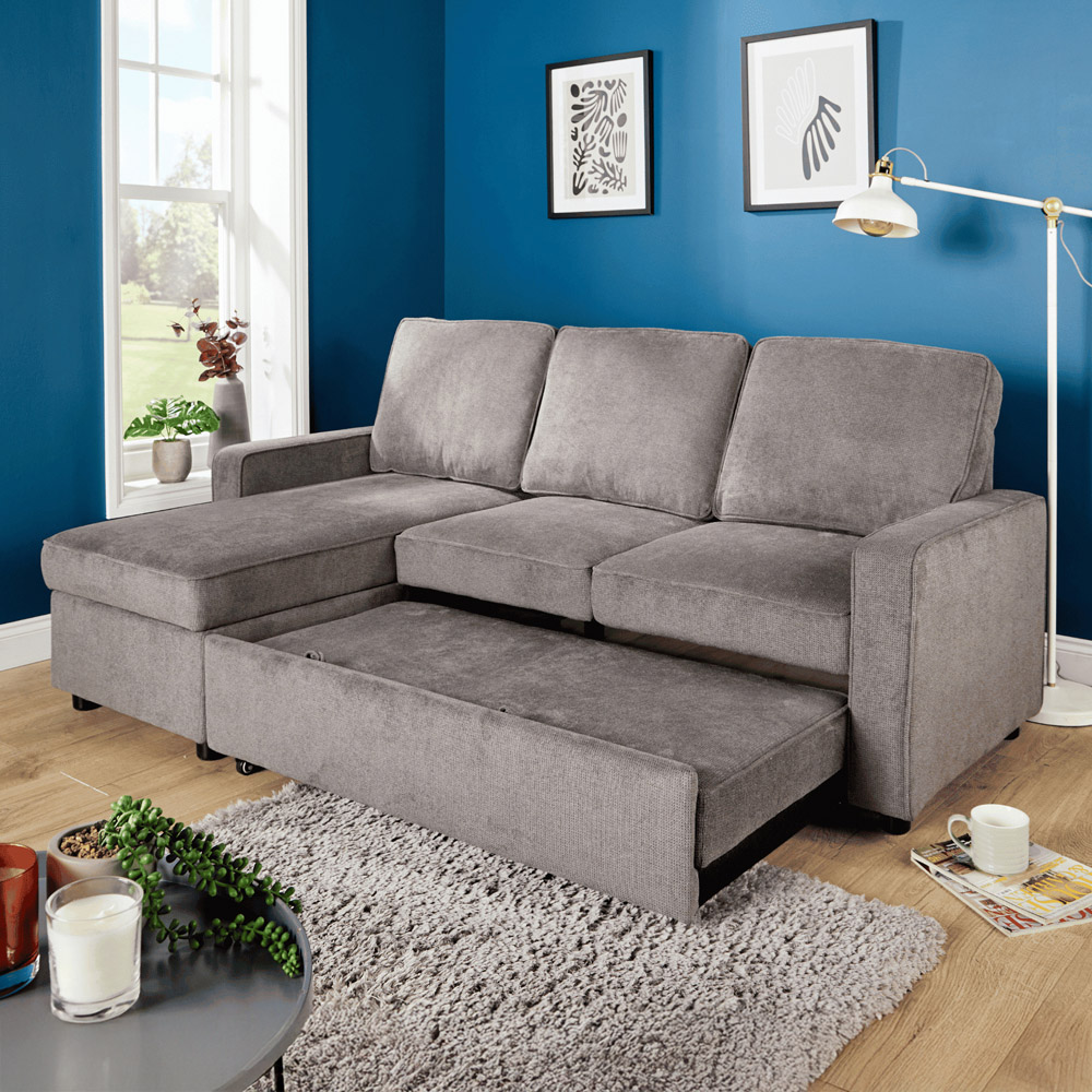 Home Source Kingston Grey Sectional Upholstered Corner Sofa with Pull Out Bed Image 1