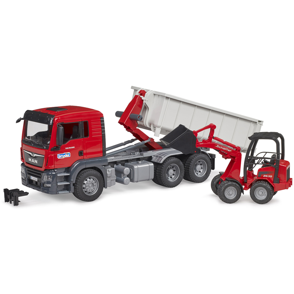 Bruder Kids MAN TGS Truck with Roll-Off-Container and Schäffer Compact Loader Playset Model Image 2