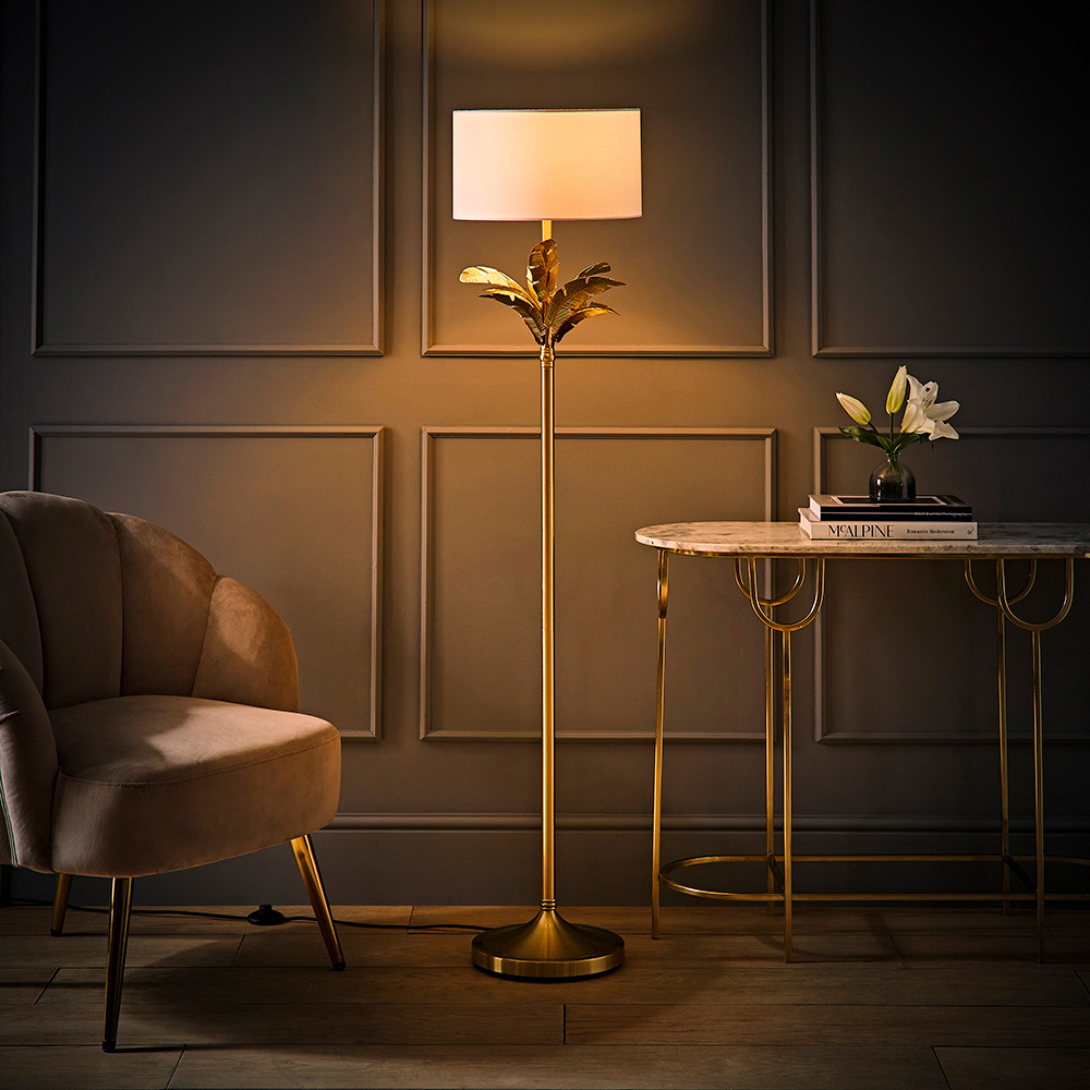 ValueLights Christina White and Gold Palm Leaf Detail Single Stem Floor Lamp and Bulb Image 2
