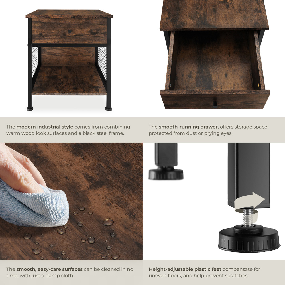 tectake Killarney Single Drawer Dark Industrial Wood Rustic Bedside Table Image 5