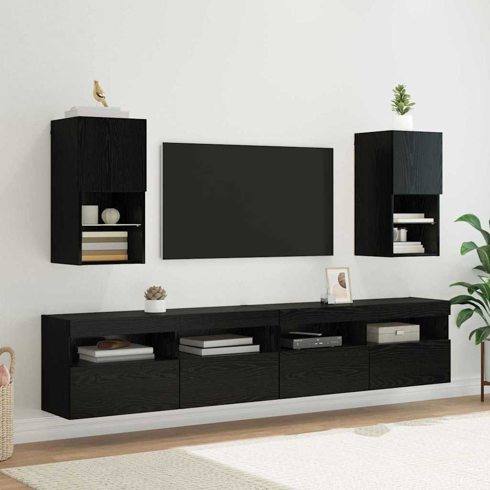 vidaXL Single Door 2 Shelf Black Oak Wall Mounted LED TV Unit Image 8
