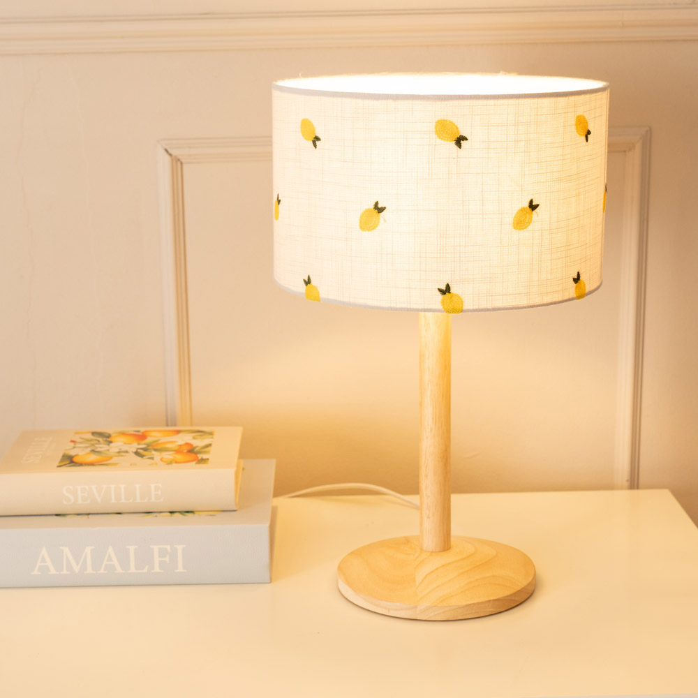 ValueLights Triston Lemon Embroidered Lamp Shade Natural Light Wood Stem LED Table Lamp Image 2