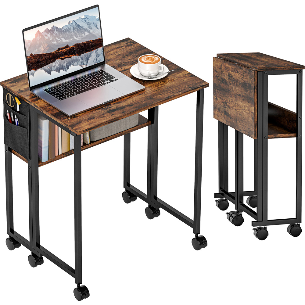 HOMCOM Single Shelf Foldable Computer Desk with Wheels and Side Bag Rustic Brown Image 2