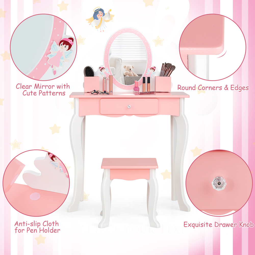 Costway Single Drawer Kids Pink Dressing Table and Stool Set with Mirror Image 7