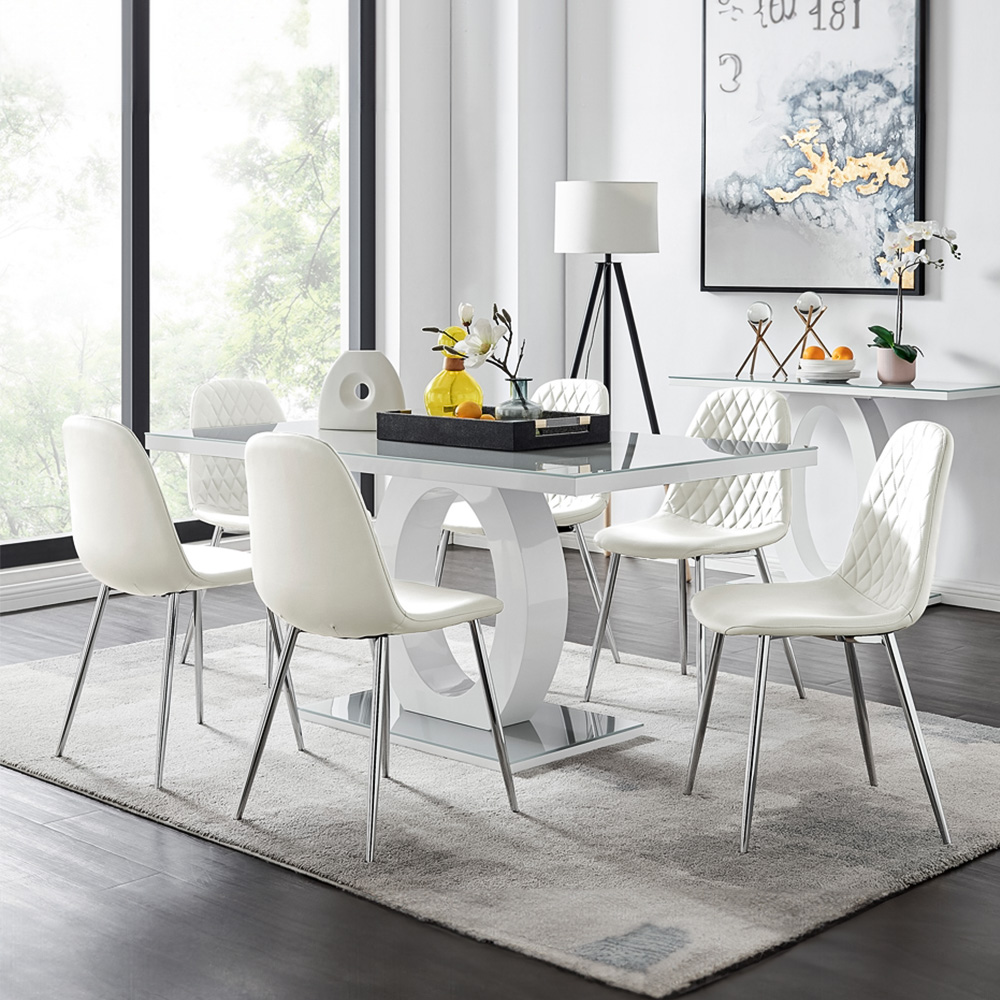 Furniturebox Lucia Solara 6 Seater Dining Set Grey Gloss White and Chrome Image 1