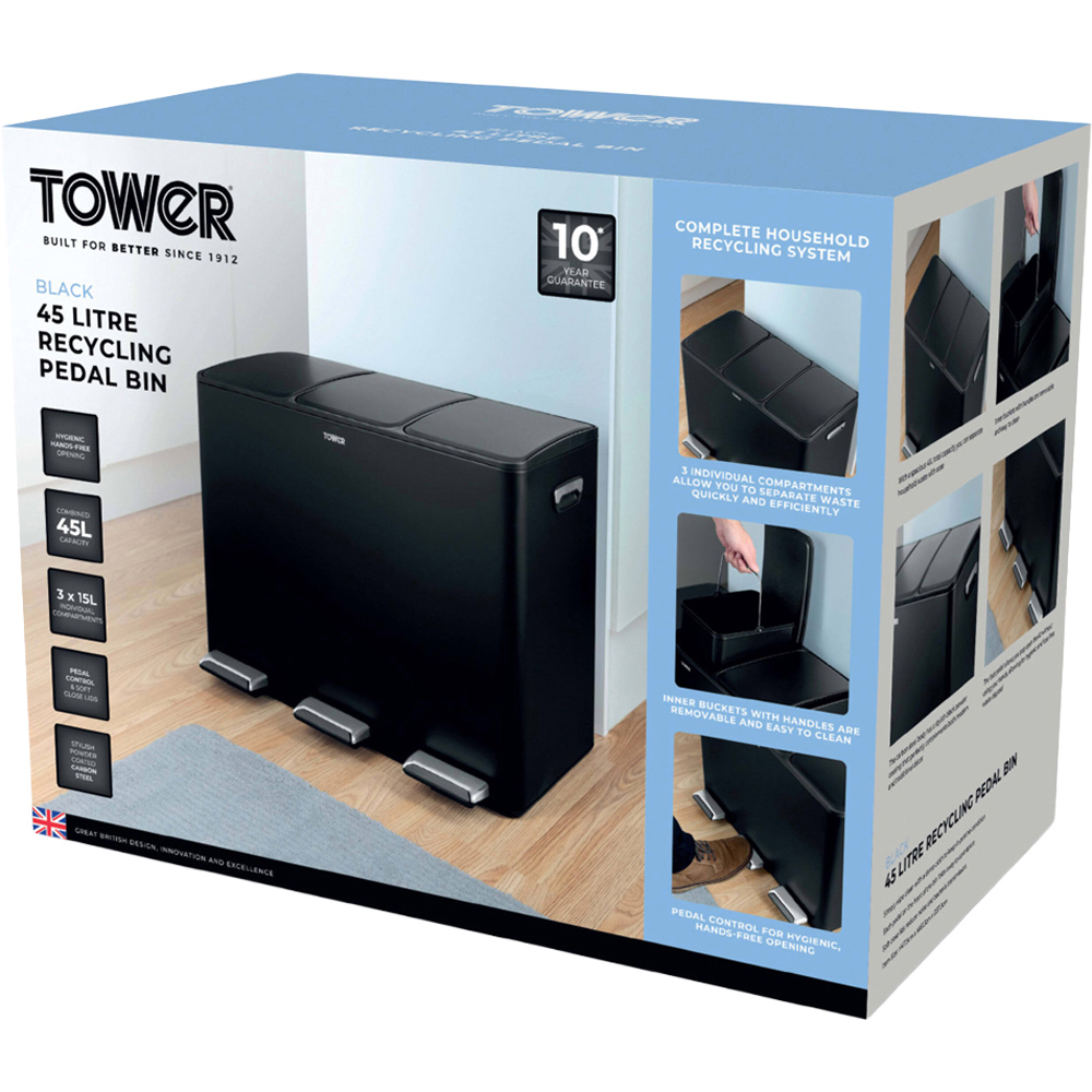 Tower Triple Recycling Black Pedal Bin 45L Image 2