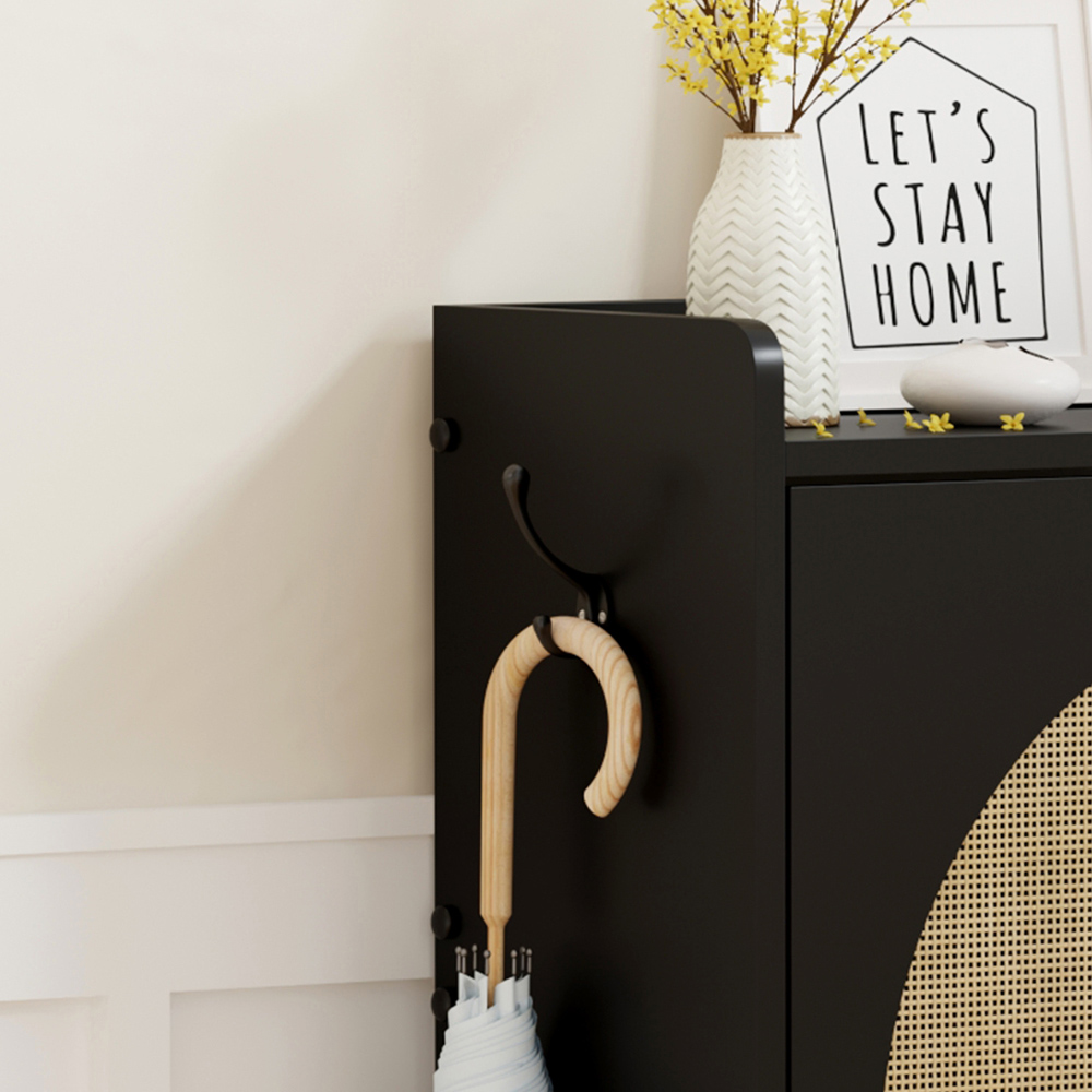 FurnitureHMD 2 Door Black Woven Rattan Shoe Cabinet with Hooks Image 4