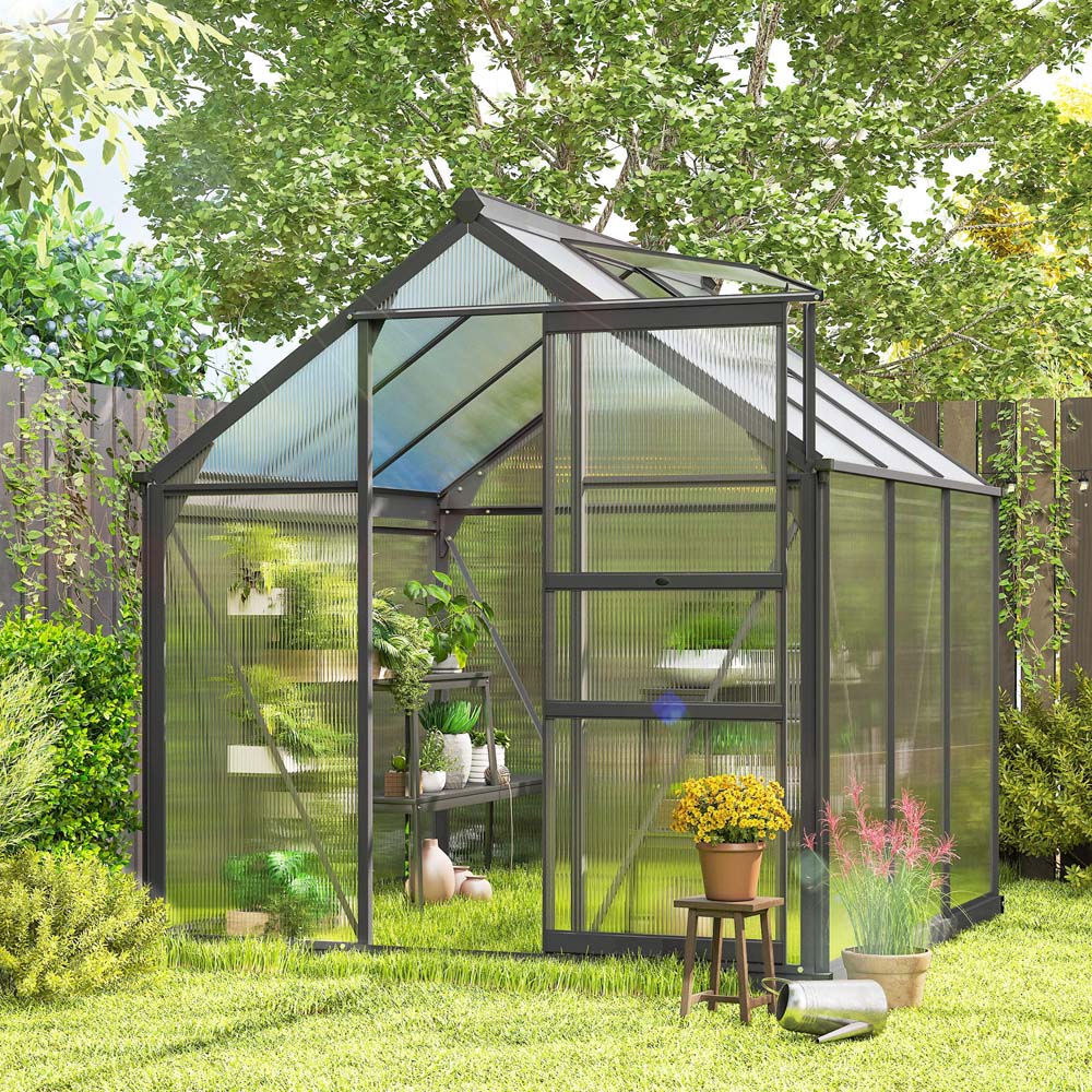 Outsunny 6 x 6ft Black Galvanised Aluminium Polycarbonate Walk In Greenhouse Image 4