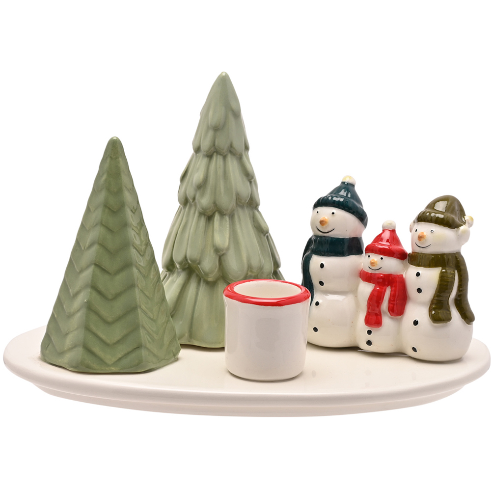 The Seasonal Gift Co. Santa and Friends Ceramic Snowman Scene Candle Holder Image 2