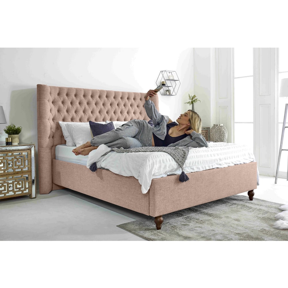 Eleganza Dinah Single Oatmeal Grampian Fabric Bed Frame with Winged Headboard Image 6
