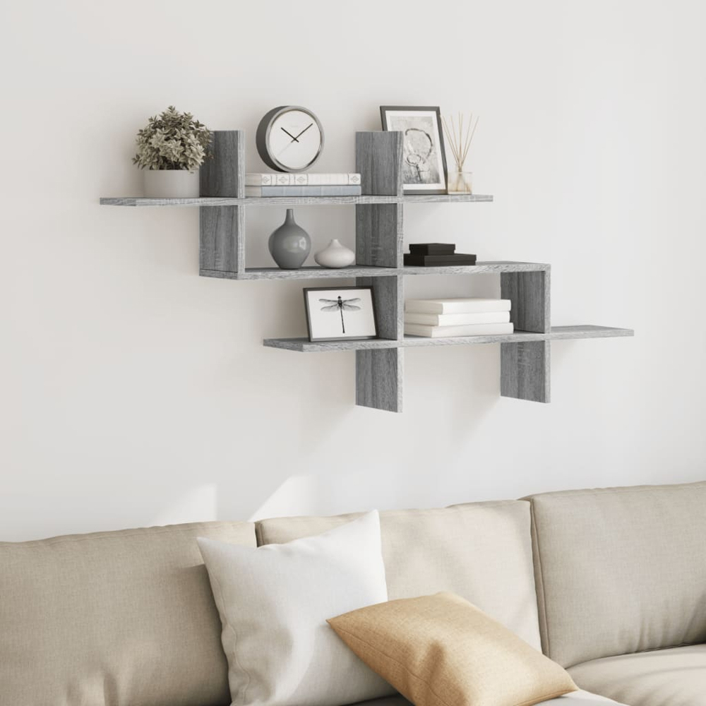 vidaXL 8 Shelf Grey Sonoma Floating Wall Shelf Image 2