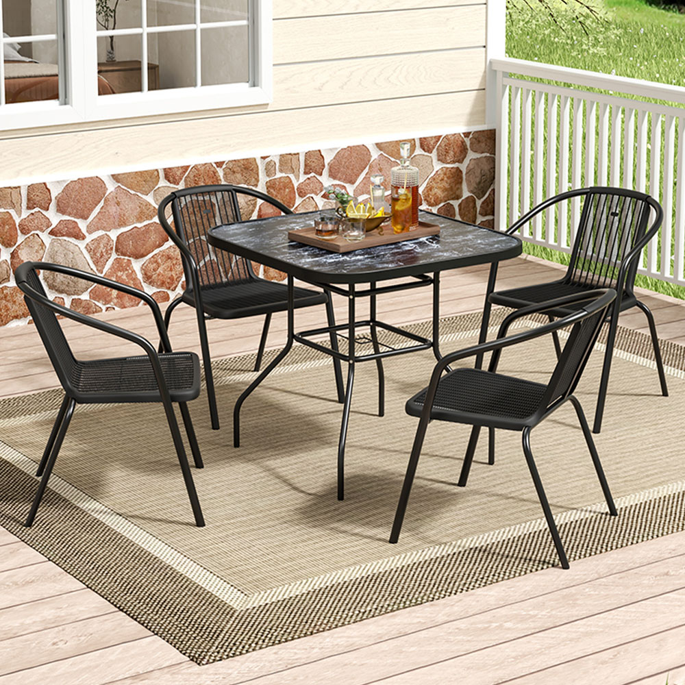 Living and Home Wicker 4 Seater Black Marble Square Dining Set Image 1