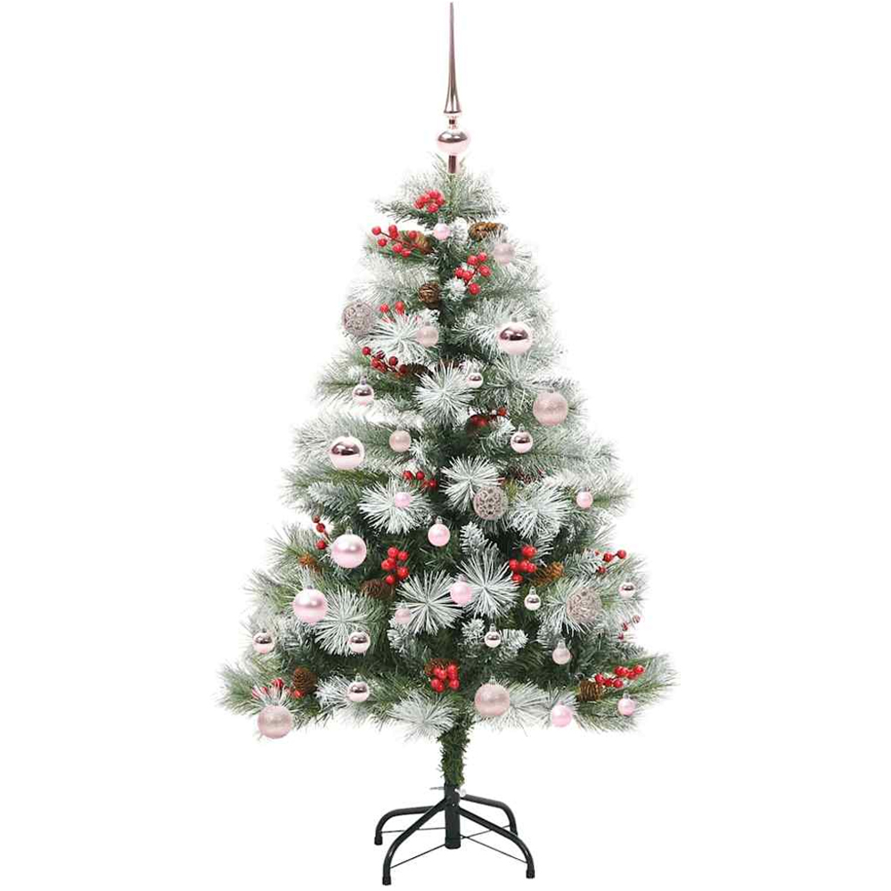 vidaXL Pre-Lit Pink Baubles Green Artificial Snow Flocked Christmas Tree 5ft Image 4