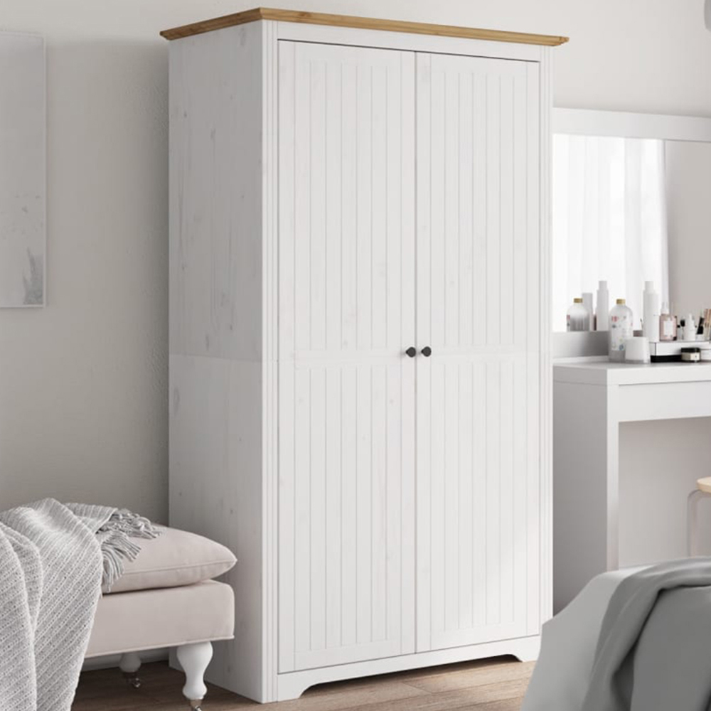vidaXL Bodo 2 Door White and Brown Solid Wood Pine Wardrobe Image 1
