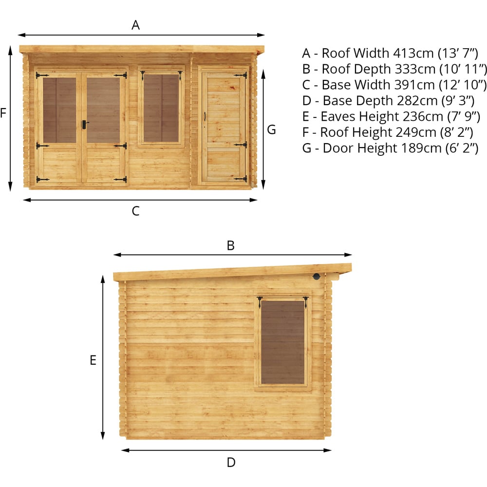 Mercia 13.4 x 9.8ft Wooden Pent Log Cabin with Side Shed Image 7