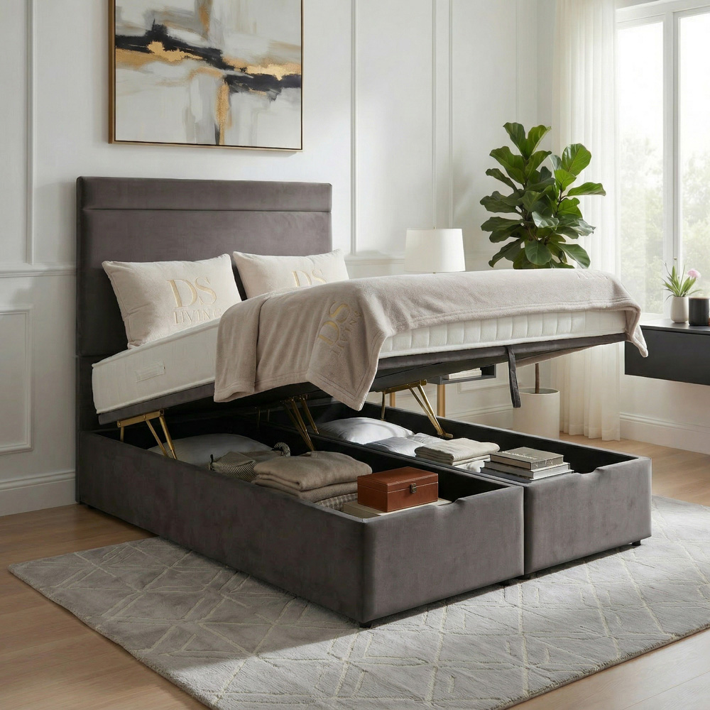 DS Living Majesty Double Grey Plush Velvet Ottoman Bed Image 2