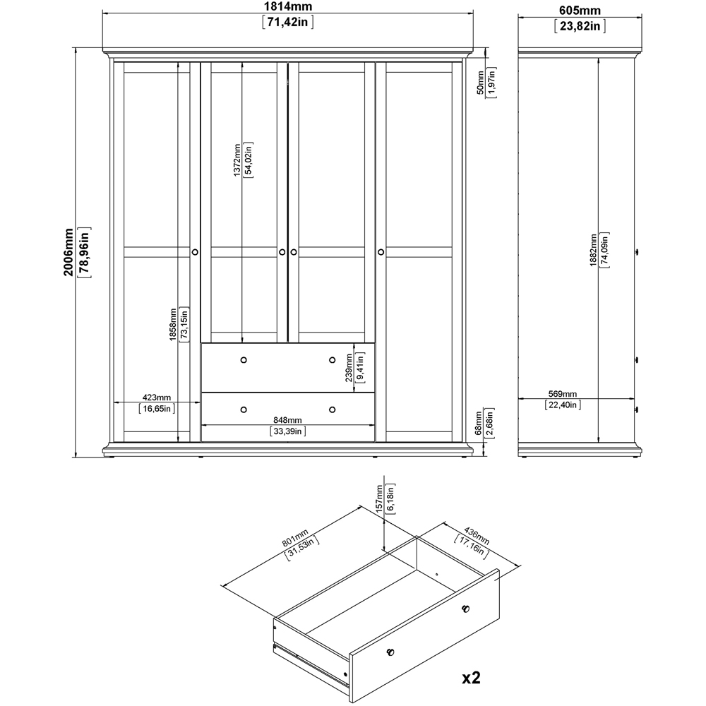 Florence Paris 4 Door 2 Drawer Matt Grey Wardrobe Image 9