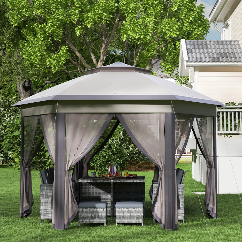 Outsunny 4 x 4m Beige Hexagon Marquee Patio Gazebo with Sides Image 3