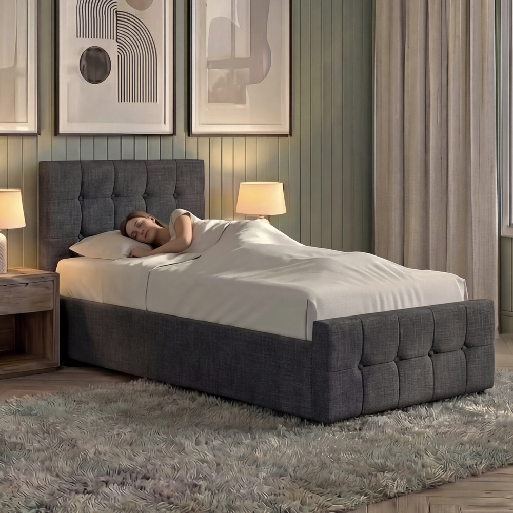 VIDA DESIGNS Valentina Single Dark Grey Linen Ottoman Bed with Padded Headboard Image 4