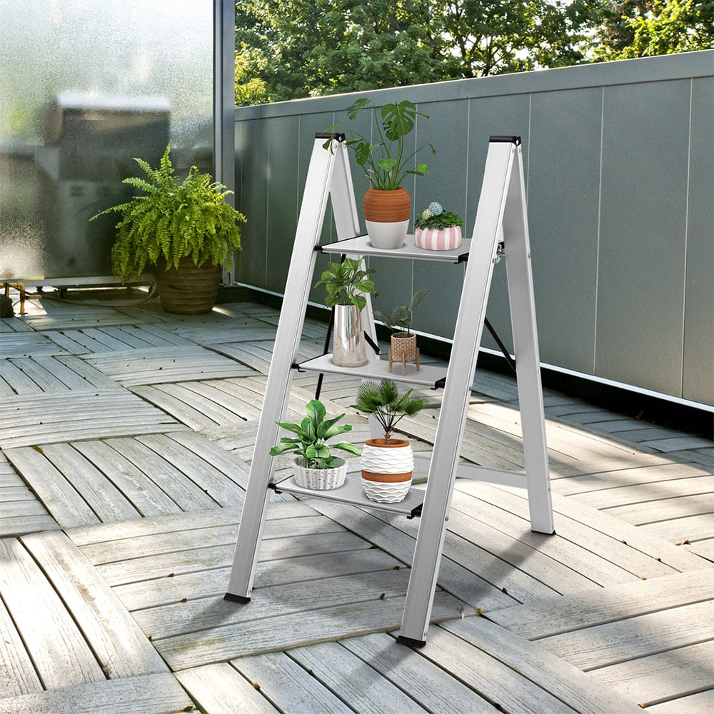 Costway 3 Step Silver Anti Slip Folding Ladder Image 2