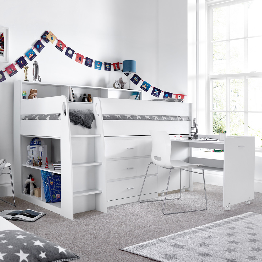 Ersa Mid Sleeper White Desk and Storage Bed with Memory Foam Mattress Image 7